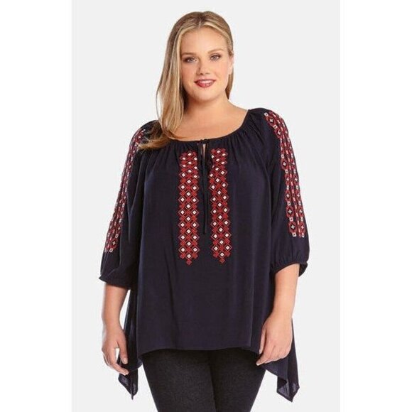 Karen Kane Tunic Top Size XL Embroidered Asymmetrical 3/4 Sleeves Boho Peasant - Picture 1 of 7